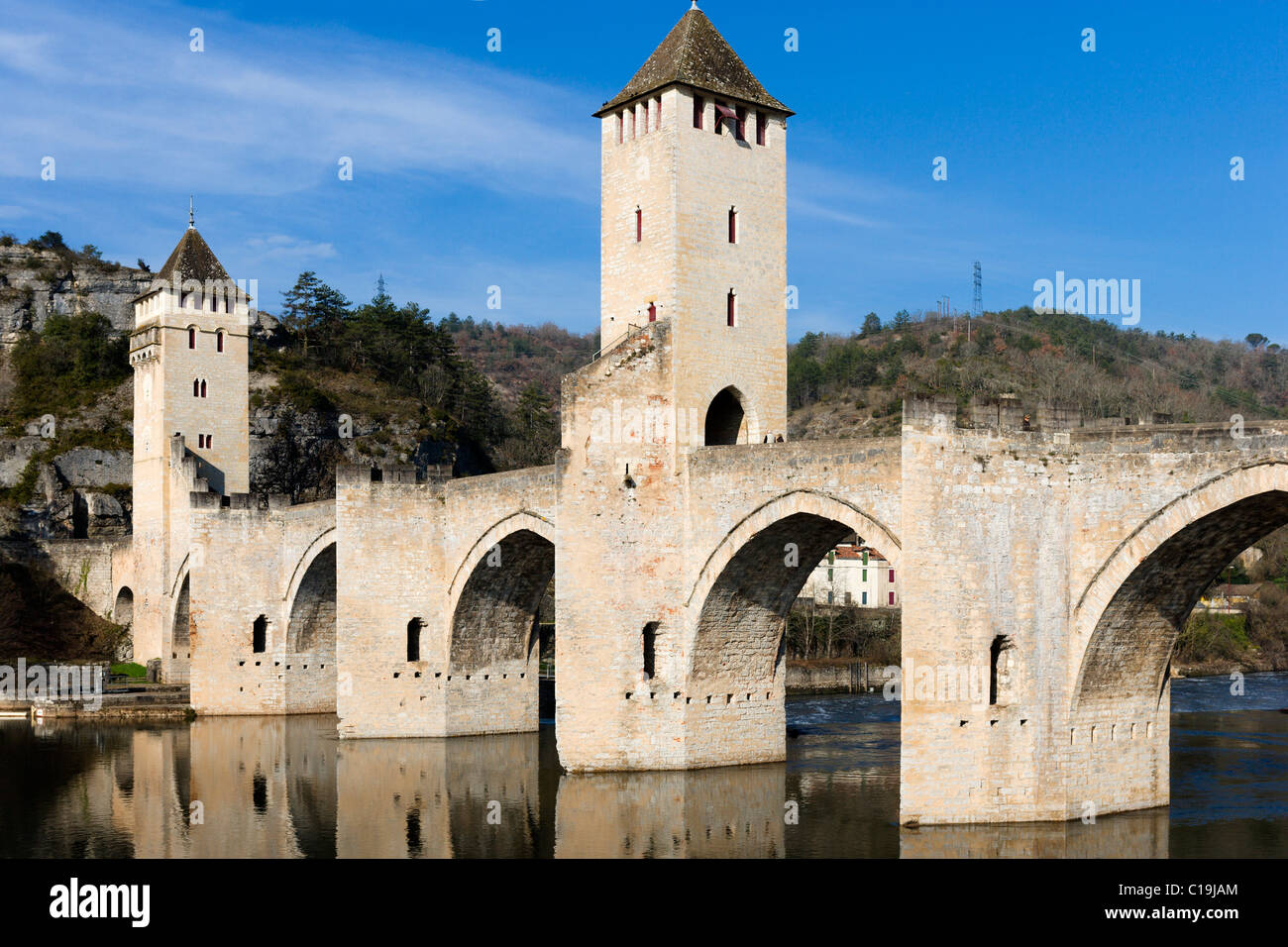 Le Pont Valentre médiévale sur la rivière Lot, Cahors, Lot, France Banque D'Images