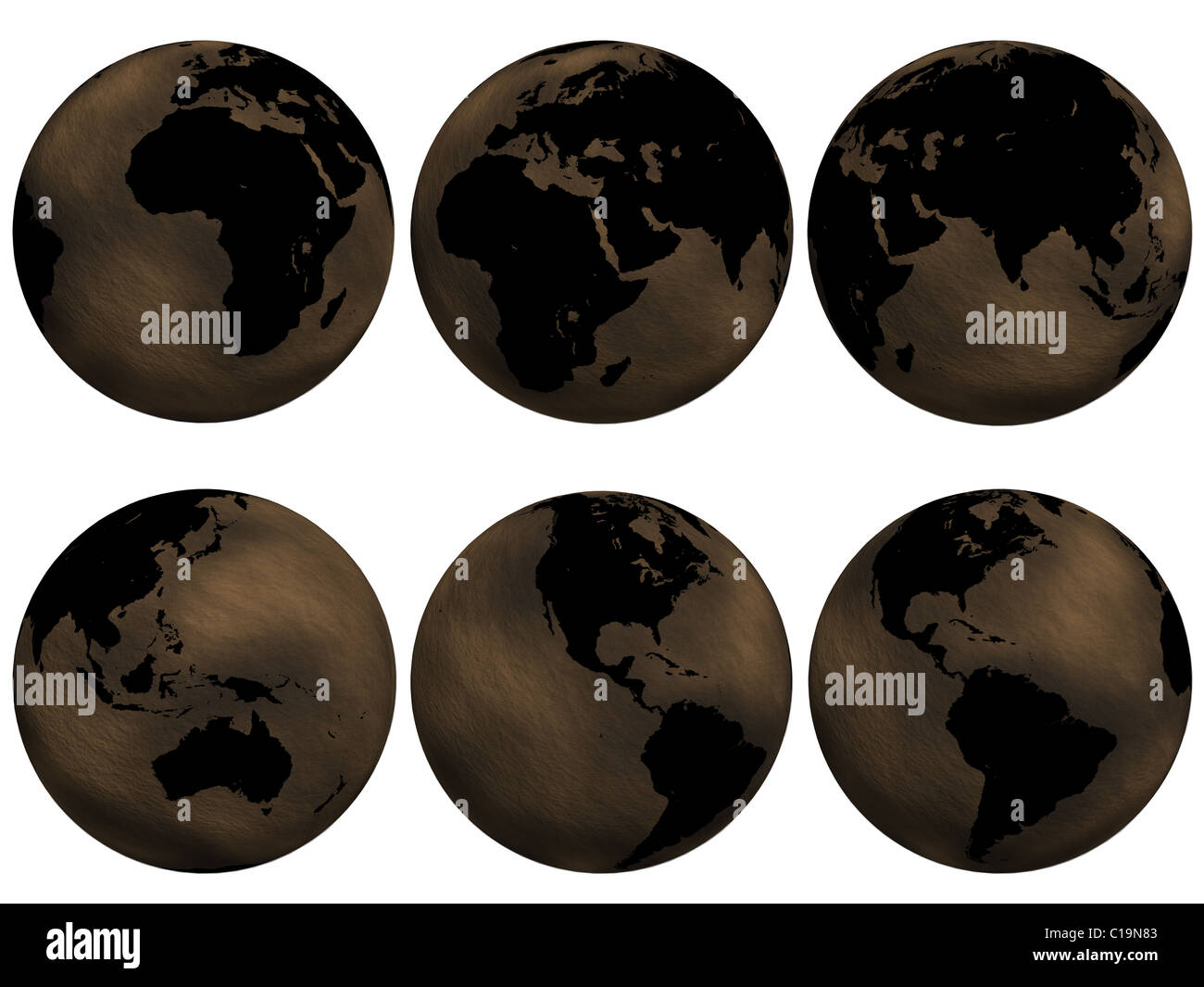 Illustration World globe 3D. Carton brun regarder sur fond blanc avec l'accent sur les différents pays. Banque D'Images