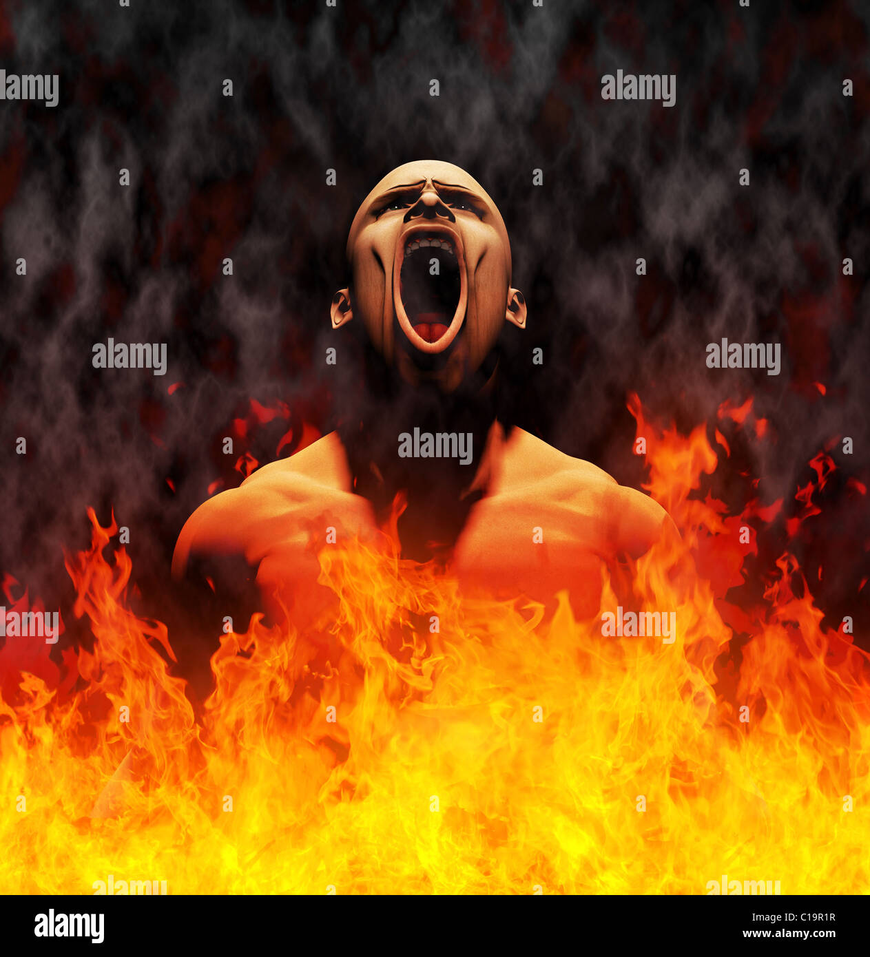 L'image rendue d'un homme hurlant dans les flammes de l'enfer Banque D'Images