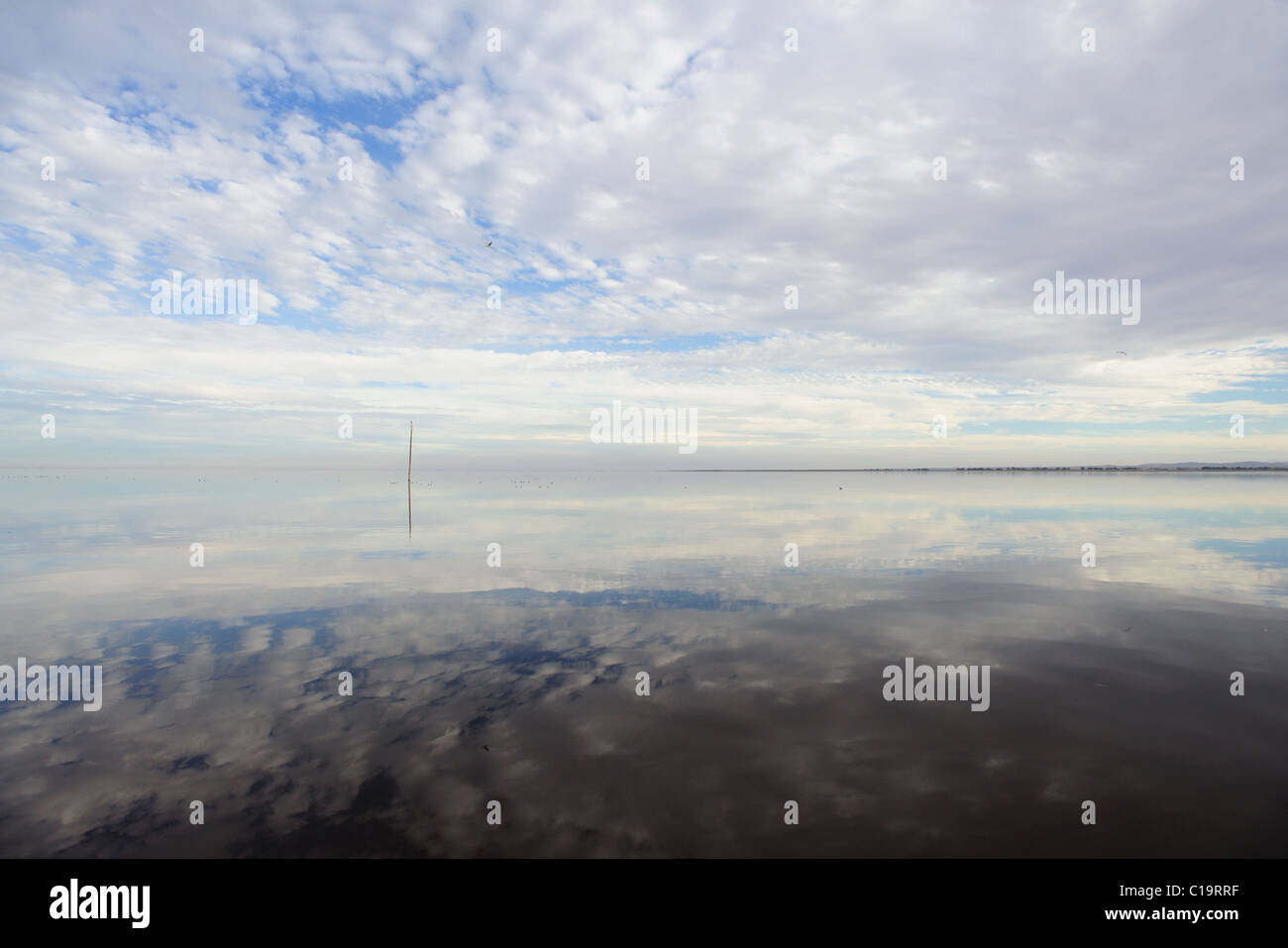 Ciel nuageux et pole reflétée dans la mer de Salton, California Banque D'Images