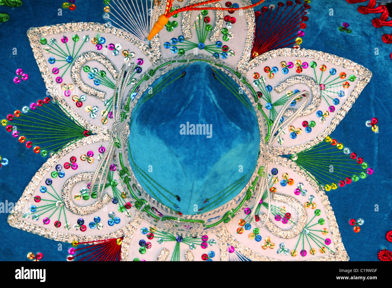 Charro mariachi mexicain chapeau bleu détail macro vue du dessus Banque D'Images