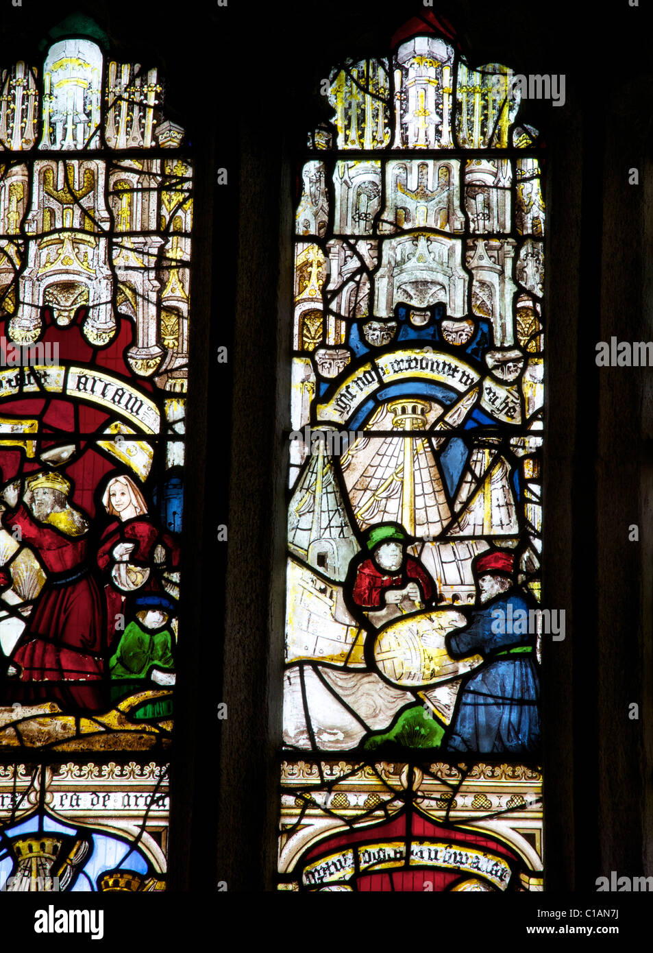 La fenêtre de l'Ancien Testament des charpentiers de navire de construction médiévale anglaise vitraux Eglise de Saint Neot Bodmin Moor Cornwall England UK Banque D'Images