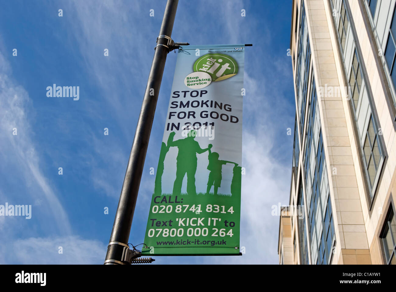 Arrêter de fumer, l'affiche de la partie de la campagne 2011 Kick it, à Hammersmith, à l'ouest de Londres, Angleterre Banque D'Images