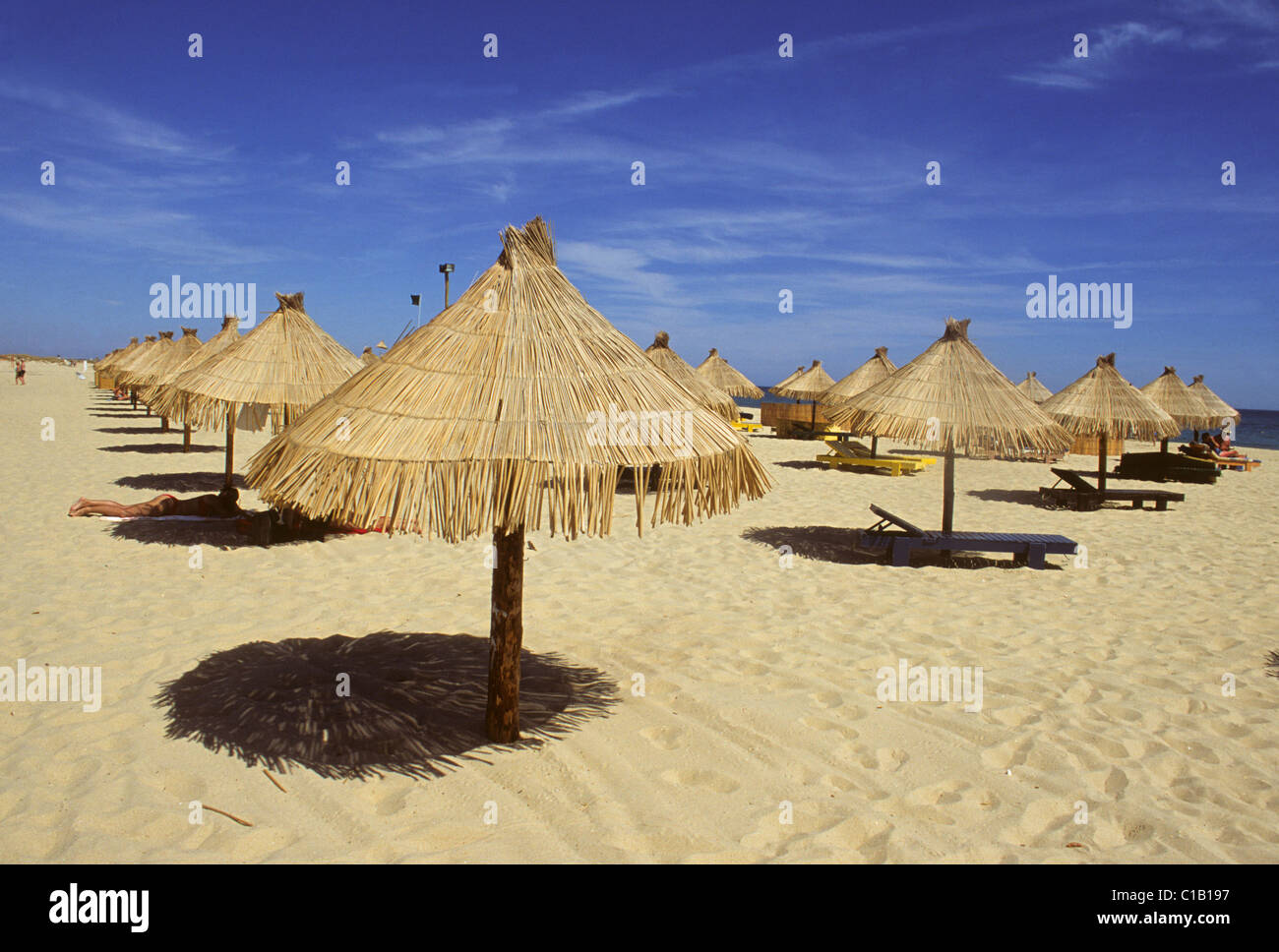 Collection de paille soleil parasols de plage au Portugal Banque D'Images