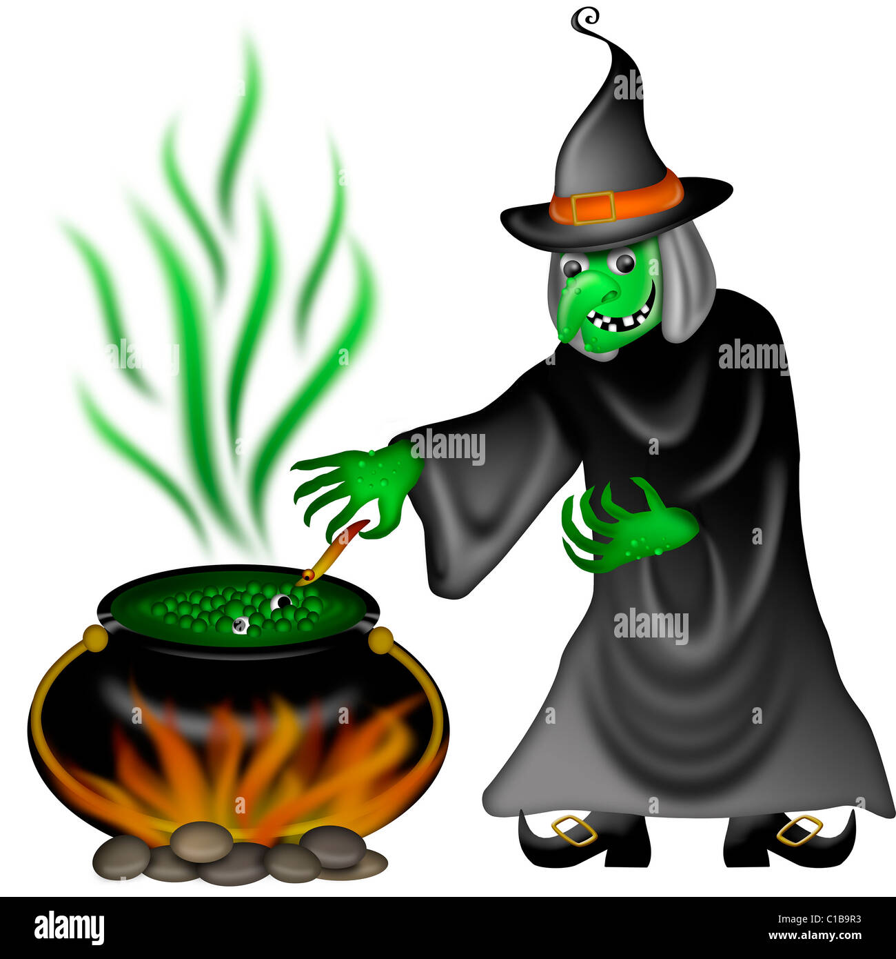 Sorcière Halloween avec Visage Vert posant Illustration Banque D'Images