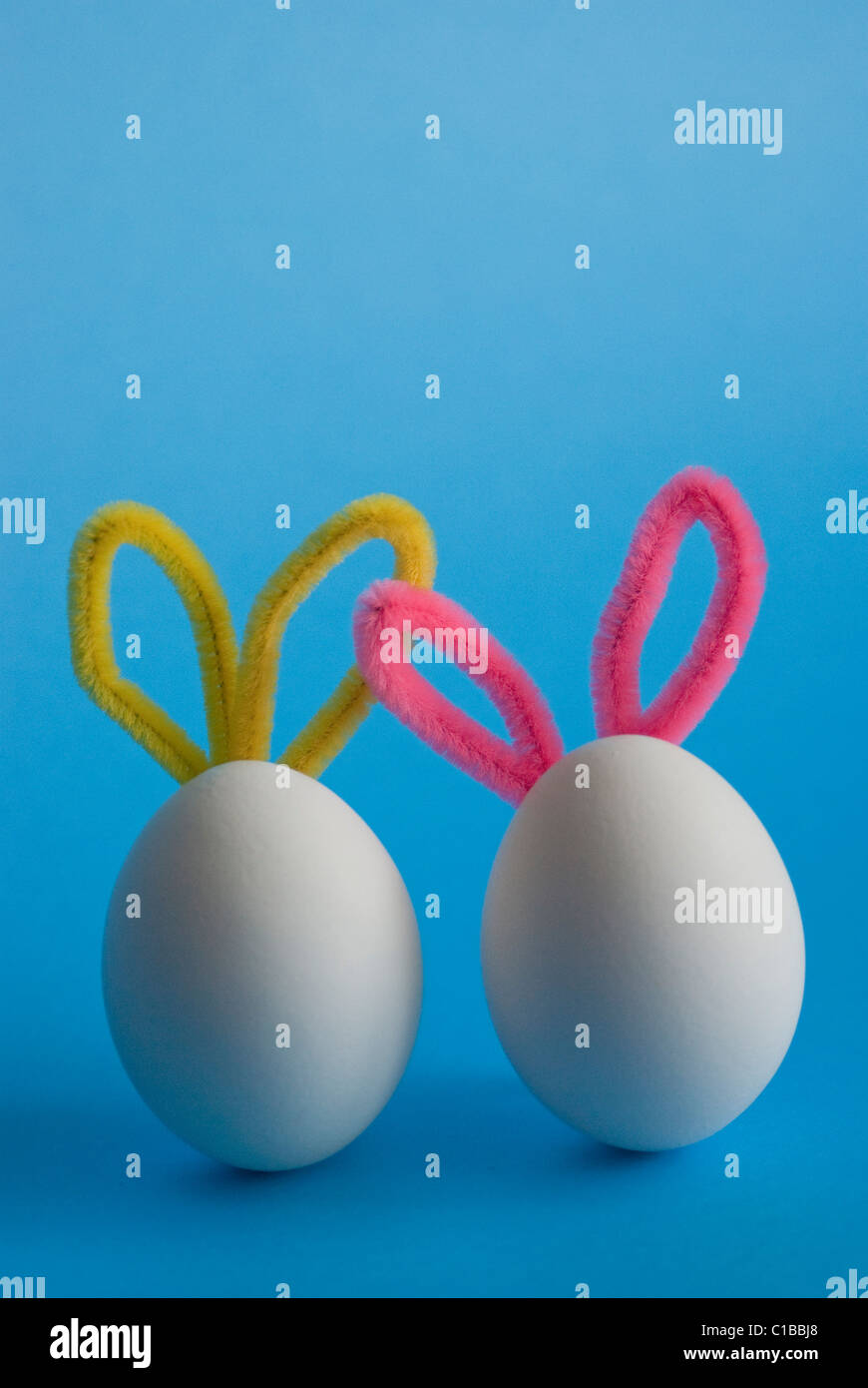 Deux œufs blancs avec les oreilles sur fond bleu Banque D'Images