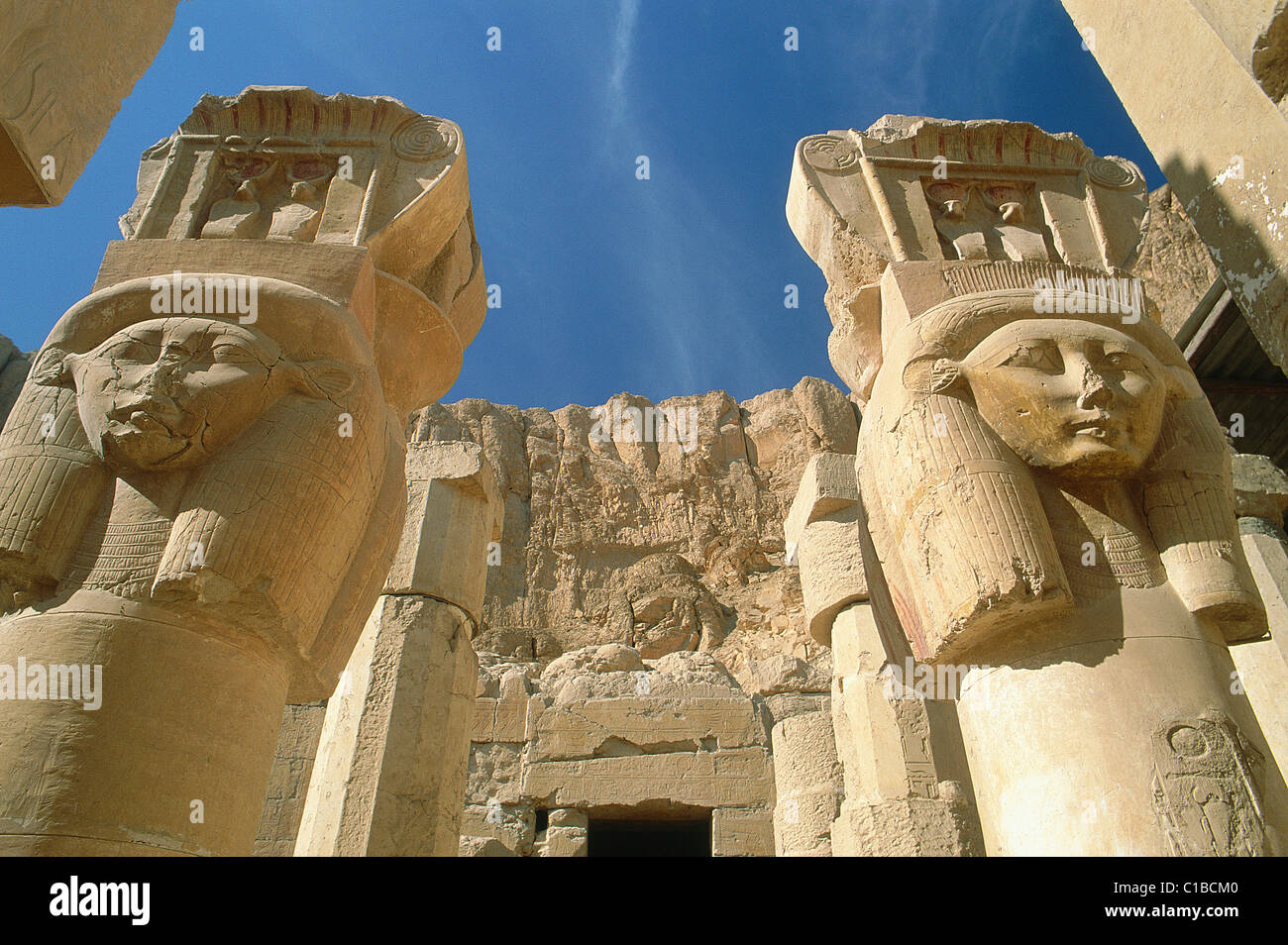 Egypte, Louxor, le Western bank, Deir El Bahri, Hatchepsout Temple, les chapitres avec la tête d'Hathor Banque D'Images