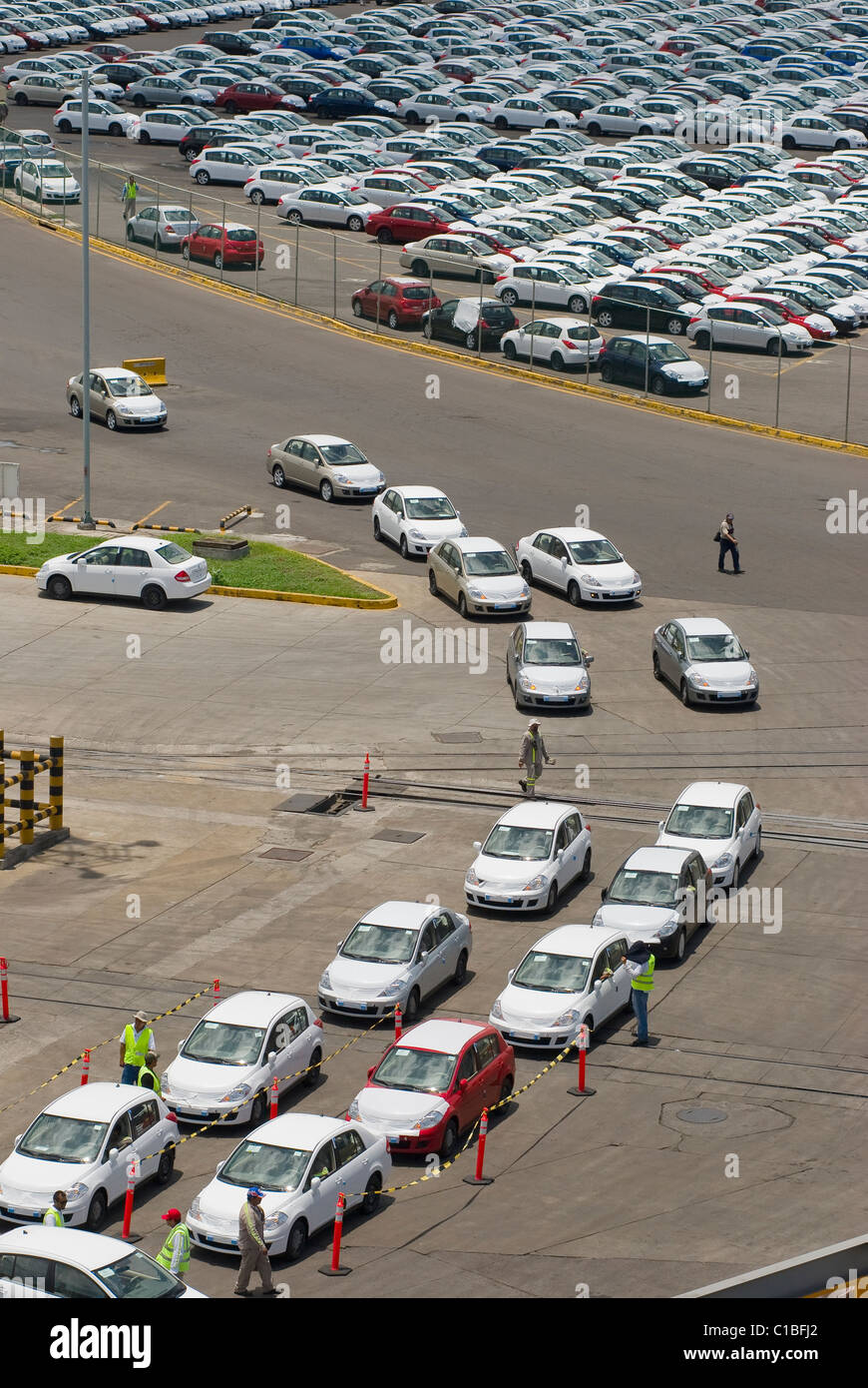 L'expédition des automobiles Nissan Tiide dans le port de Veracruz, Mexique à destination du Moyen-Orient. Banque D'Images