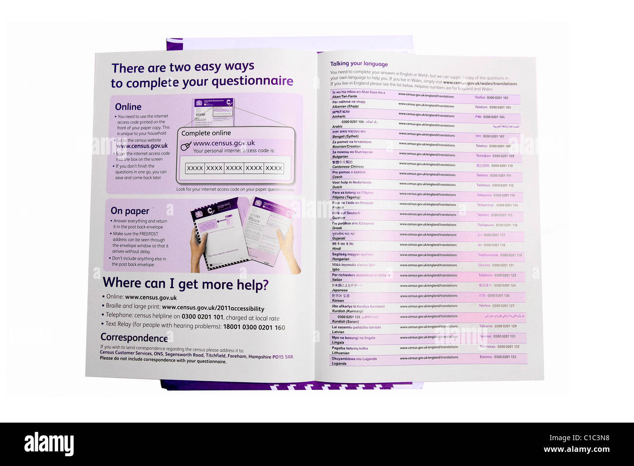 Questionnaire du recensement de 2011 UK Pack Banque D'Images