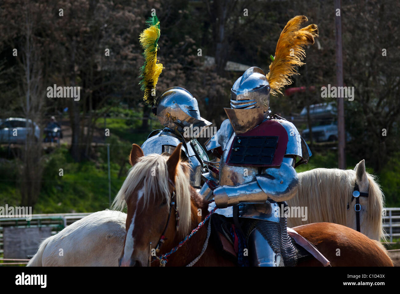 Deux chevaliers lors d'un concours de joutes en attendant de faire la bataille avec les autres à l'État de Sonora en Californie Faire celtique Banque D'Images