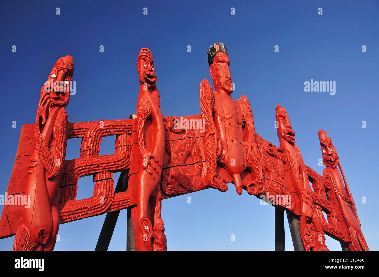 Les sculptures maories, Te Tii Marae, Te Tii Bay, Waitangi, Bay of Islands, Northland, North Island, New Zealand Banque D'Images