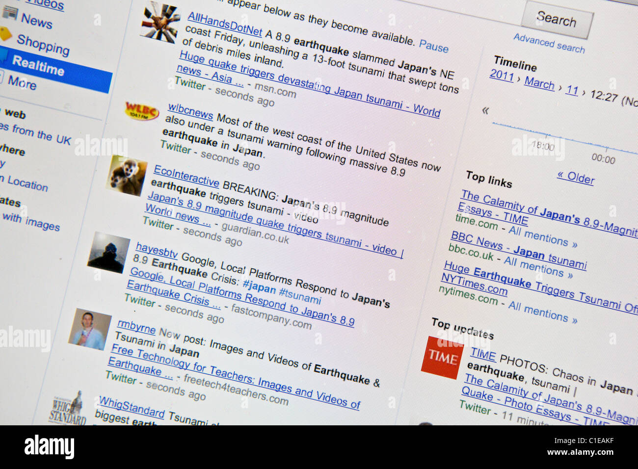 Séisme et tsunami au Japon. 11.03.11. Capture d'écran d'internet en tant que nouvelles en temps réel ressort de Japon par Google. Banque D'Images