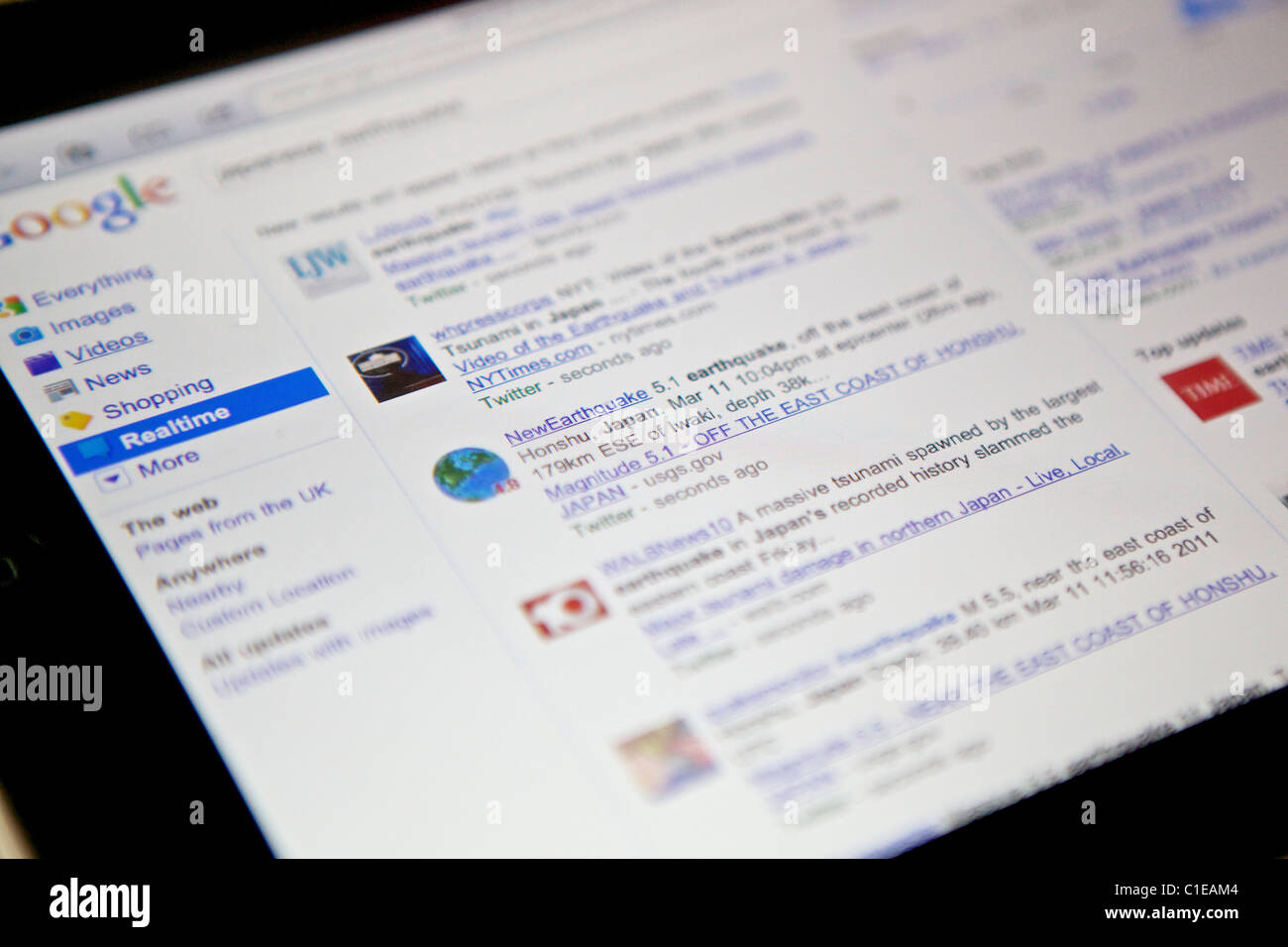 Séisme et tsunami au Japon. 11.03.11. Capture d'écran d'internet en tant que nouvelles en temps réel ressort de Japon par Google. Banque D'Images