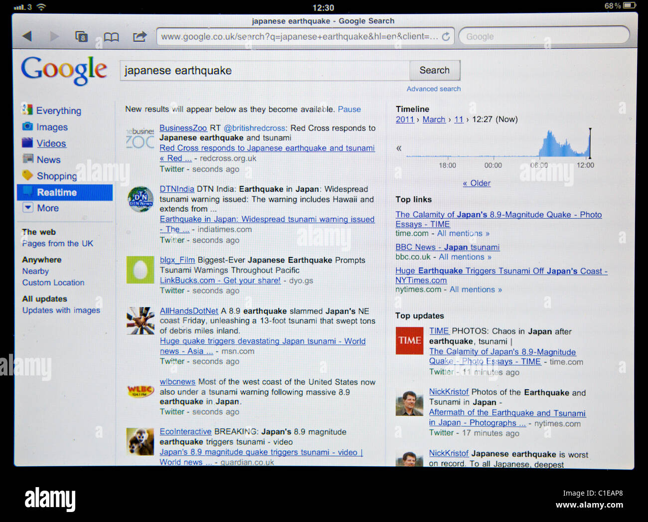 Séisme et tsunami au Japon. 11.03.11. Capture d'écran d'internet en tant que nouvelles en temps réel ressort de Japon par Google. Banque D'Images