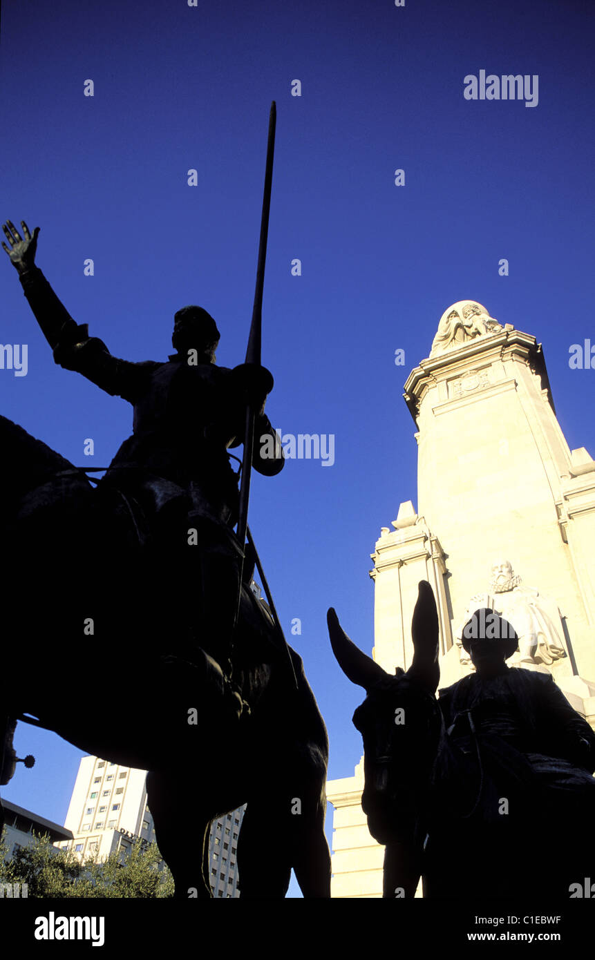 Espagne, Madrid, Don Quichotte et Sancho Pança statue sur la place d'Espagne Banque D'Images