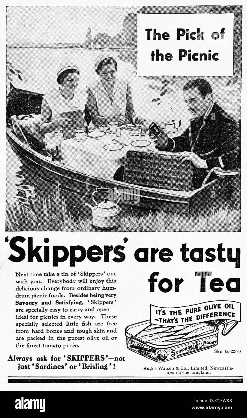 1930 Annonce dans les magazines de consommation des ménages pour les skippers de sardines Banque D'Images
