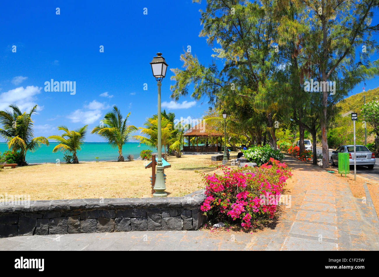 Dans le parc de la plage de la petite côte est Ville de Petit Sable, Grand Port, Maurice. Banque D'Images
