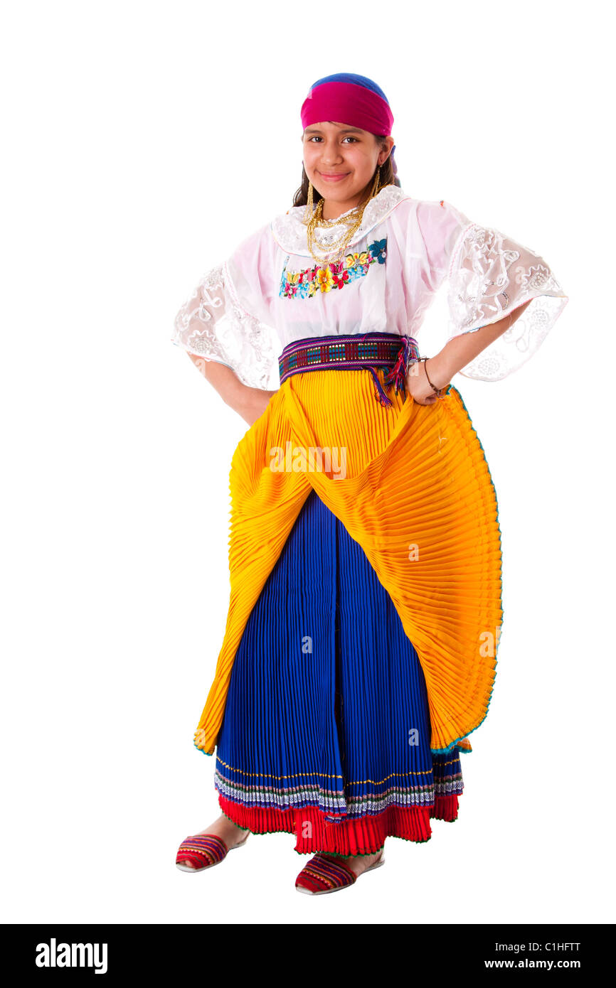 Heureux Latina adolescente de l'Amérique du Sud highland habillés en vêtements du folklore de l'Équateur, le Pérou ou la Bolivie, Colombie Banque D'Images