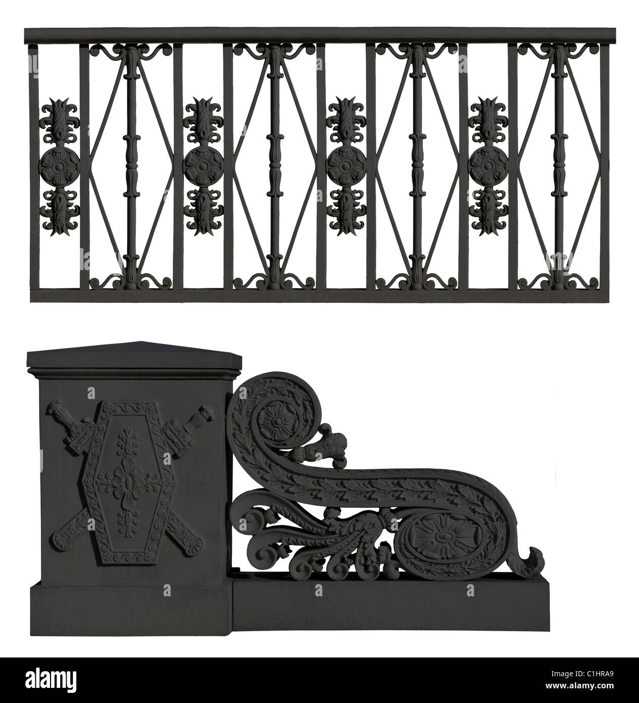 Clôture en fer forgé et d'un ornement de fleurs Banque D'Images