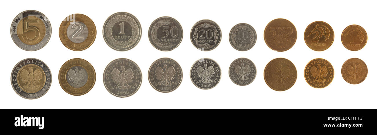 Ensemble de pièces de monnaie Zloty Polonais isolated on white Banque D'Images