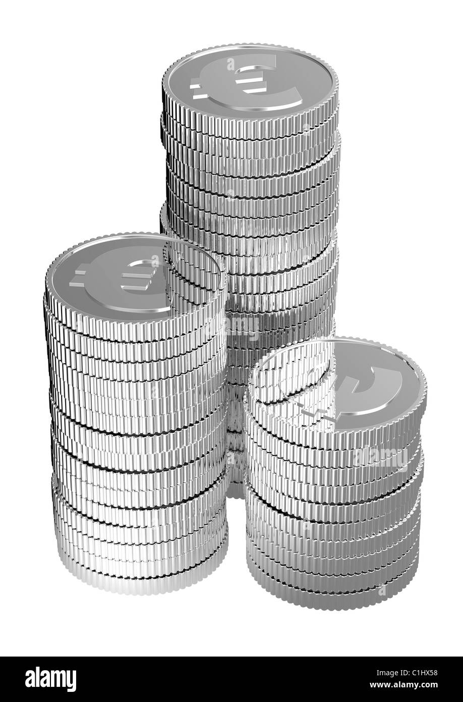 Des piles de pièces d'argent isolé sur un fond blanc. Banque D'Images