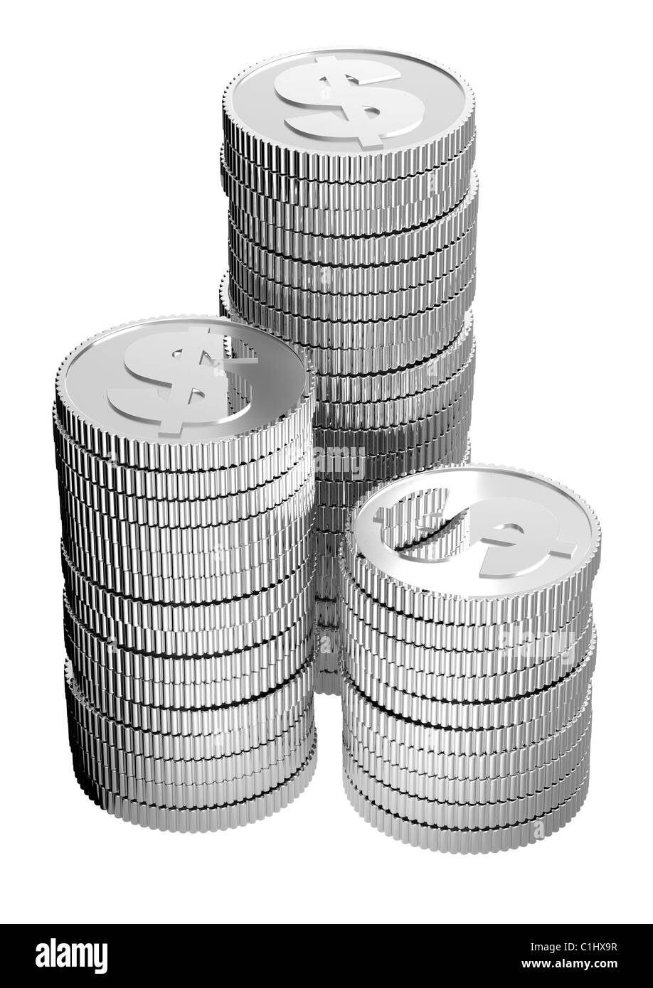 Des piles de pièces de dollar en argent isolé sur un fond blanc. Banque D'Images