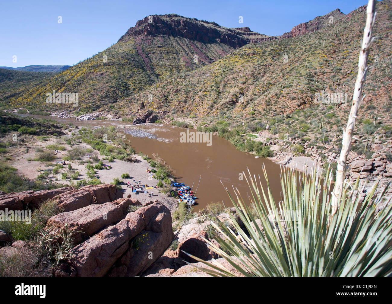 Un groupe d'amis, ayant un comleted jours fonctionner sur la Rivière Salée, de la mise en place d'un campement sur une plage. La Rivière Salée est en Arizona U Banque D'Images