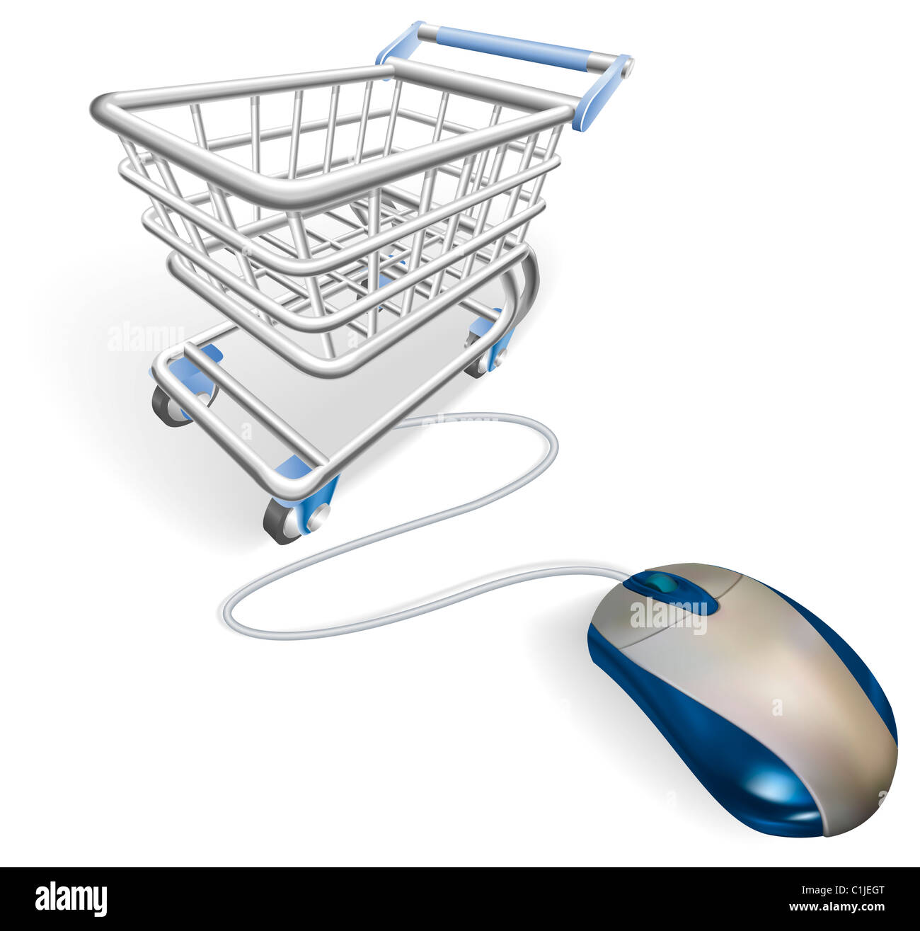 Une souris connectée à un panier chariot. Concept pour le shopping sur internet en ligne. Banque D'Images