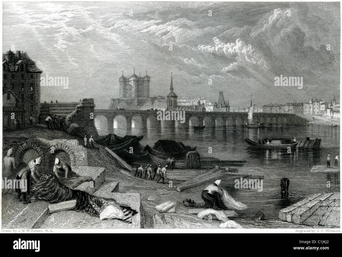 Saumur, France D'après un dessin de JMW Turner numérisées à haute res. à partir d'un livre sur la vallée de la Loire imprimé en 1833 Banque D'Images