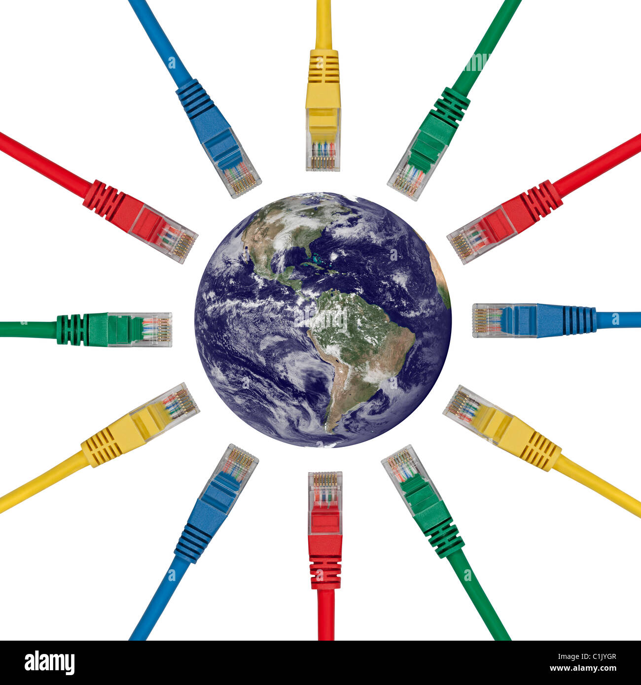 Les fiches de connexion réseau pointant sur un hémisphère ouest de la Terre - Amériques Banque D'Images