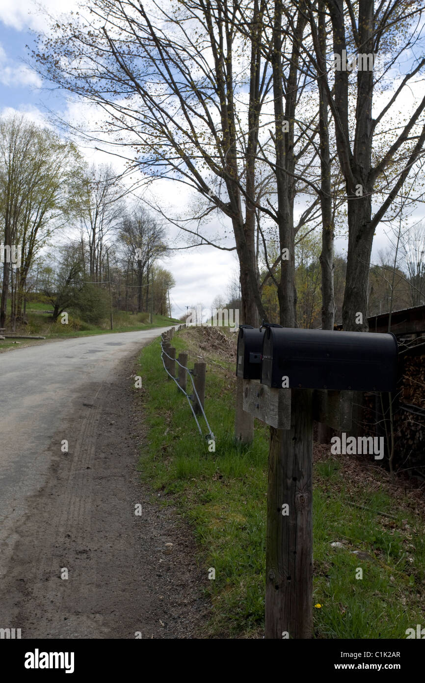 Une boîte aux lettres double est situé sur une route rurale isolée dans l'ouest du Massachusetts. Banque D'Images