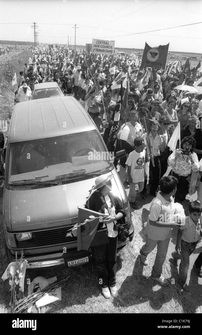 Des milliers de manifestants au cours de UFW chef Cesar Chavez funeral Banque D'Images