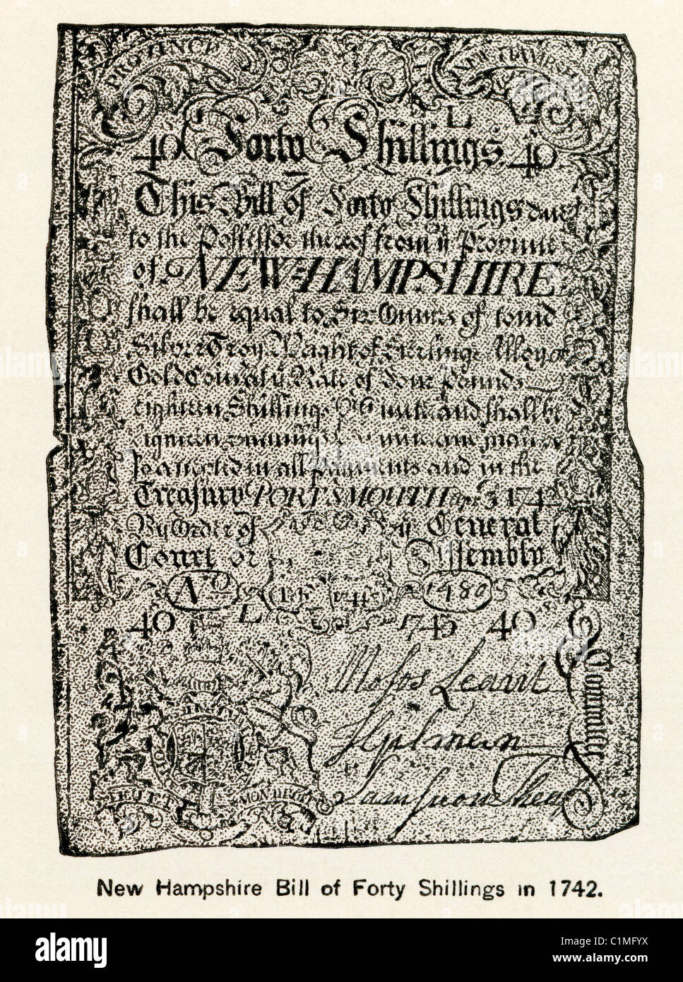 Lithographie ancienne de 1742 au New Hampshire loi de 40 shillings Banque D'Images
