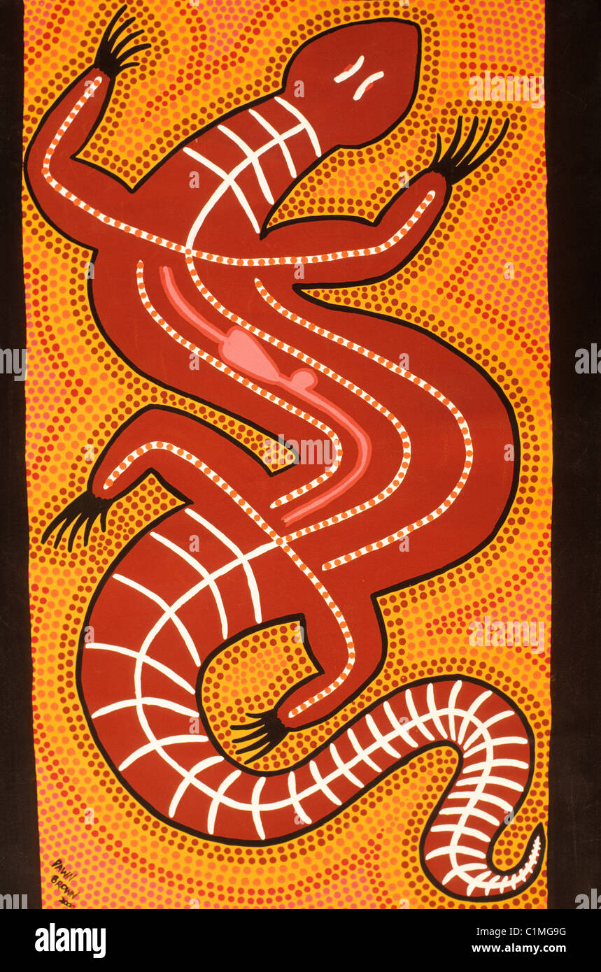L'Australie, l'Australie du Sud, Coober Pedy, la peinture aborigène de Dawn Brown de tribu Yankunytjatjara, lizard Banque D'Images