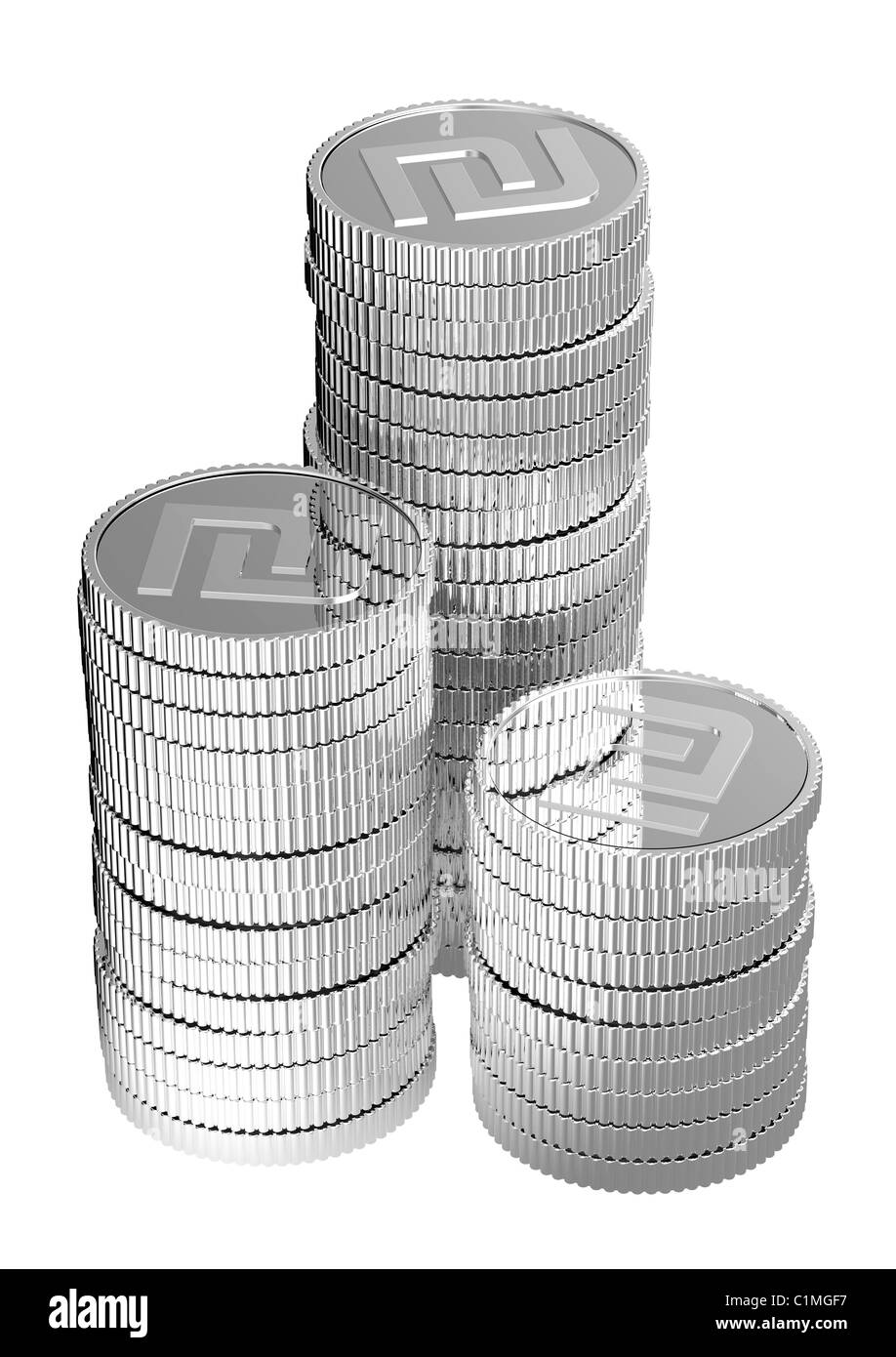 Des piles de pièces d'argent sicle isolé sur un fond blanc. Banque D'Images