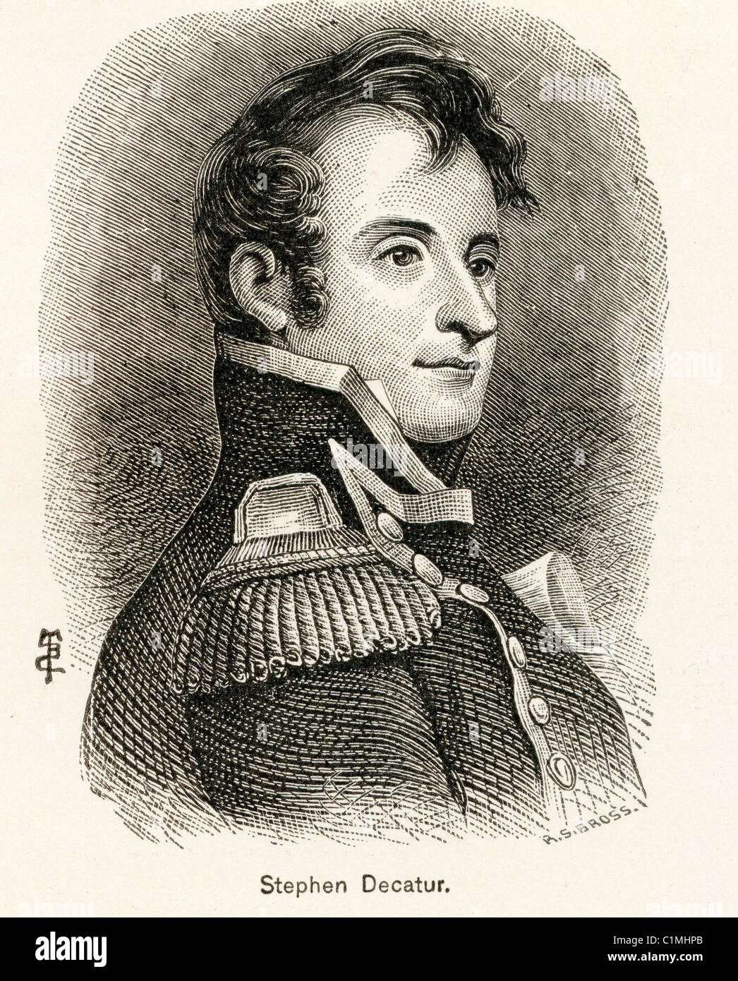 Lithographie ancienne de Stephen Decatur, officier de la marine américaine connue pour son héroïsme dans les guerres mondiales et à la guerre de 1812 Banque D'Images