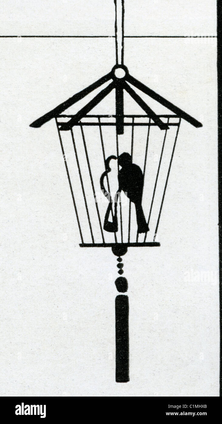 Lithographie ancienne de cage à oiseaux Banque D'Images