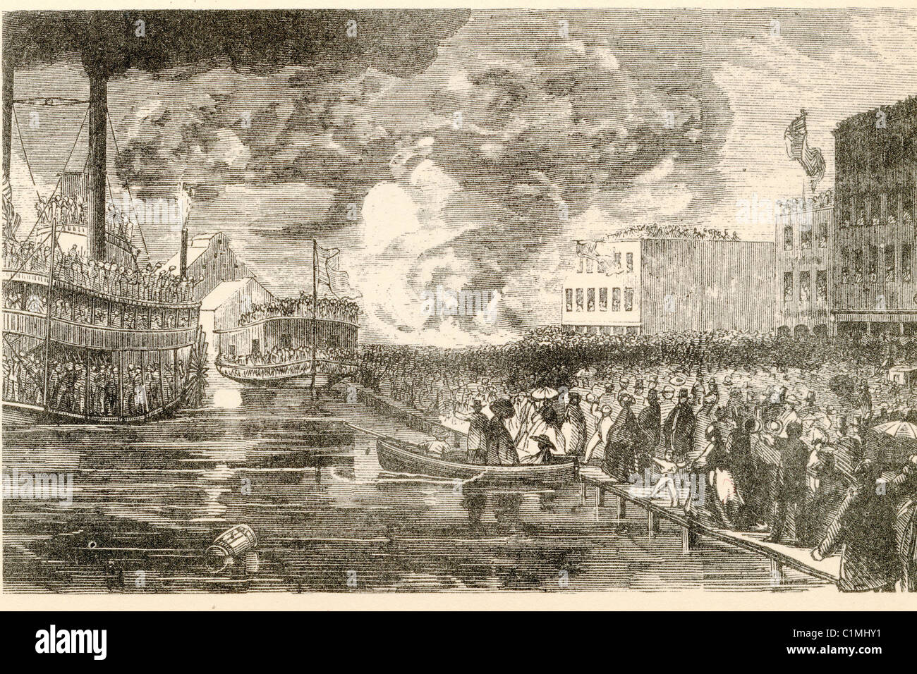 Lithographie ancienne de port et les paquebots Banque D'Images