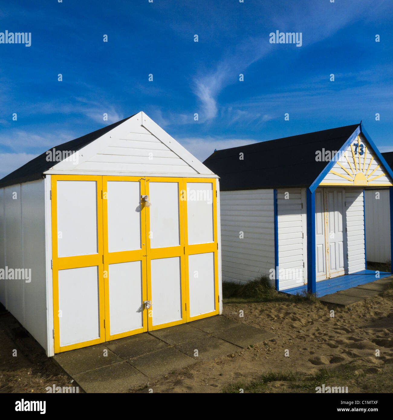 Cabines de plage à Heacham sur la côte de Norfolk. Banque D'Images