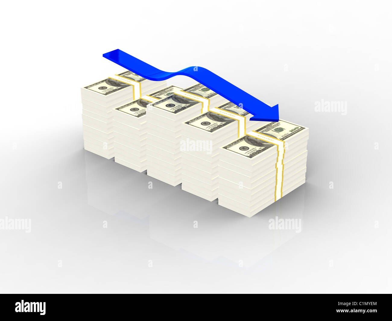 Dollars graphique avec flèche bleue sur fond blanc Banque D'Images