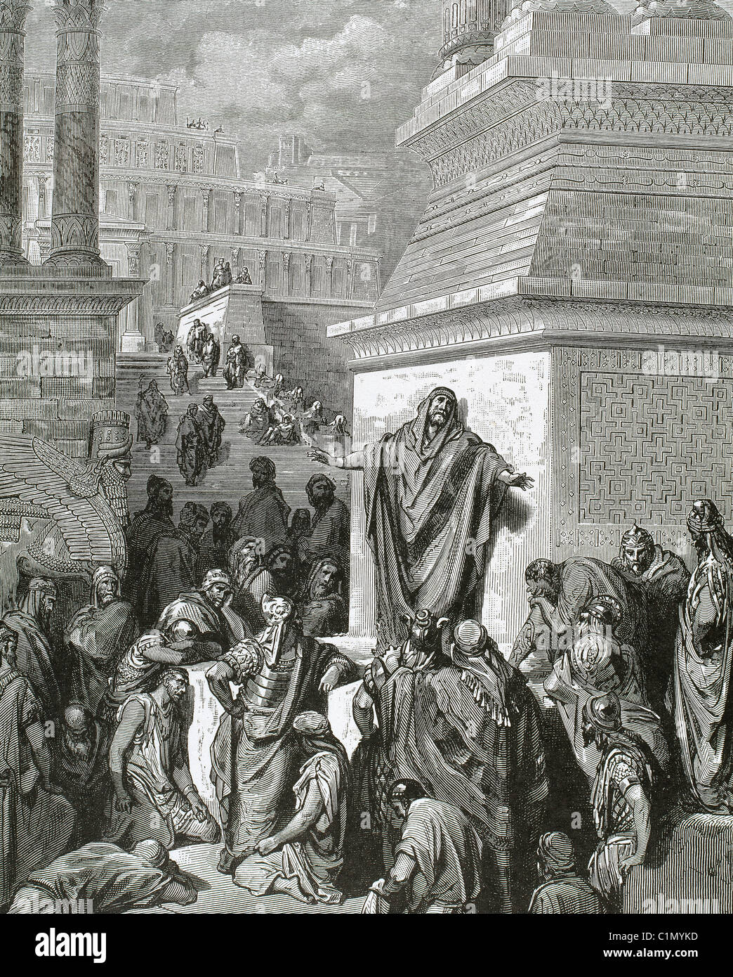 Jonas encourage les Ninivites à faire pénitence. Gravure de Gustave Dore. Banque D'Images