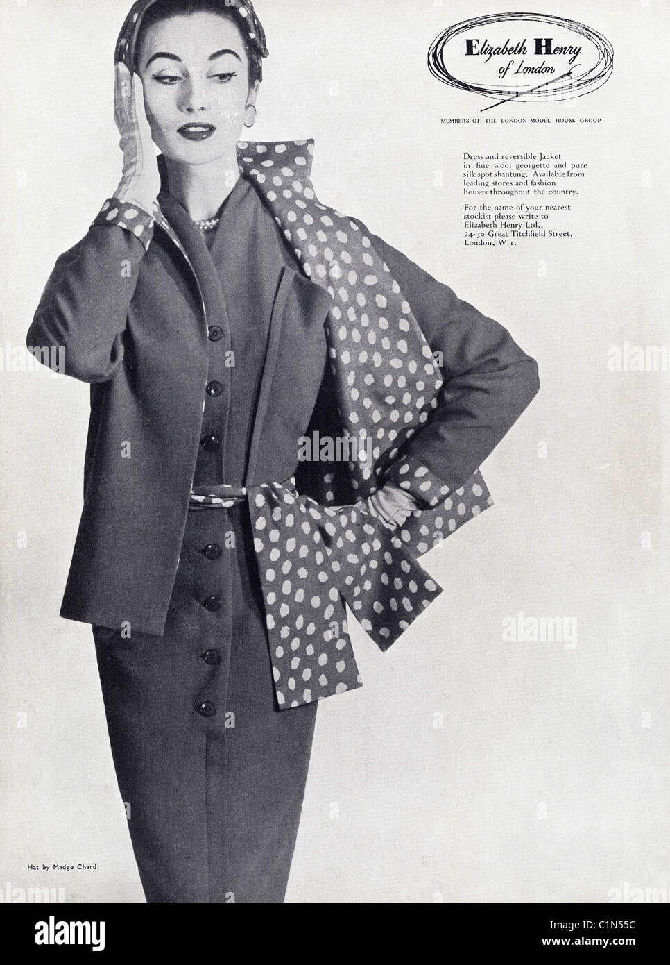 Pleine page original 1950 Annonce de la mode pour femmes magazine pour ELIZABETH HENRY de Londres Banque D'Images