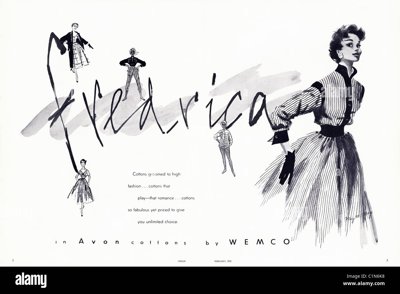 Double page original 1950 Annonce dans le magazine de mode pour femmes FREDRICA fashions par WEMCO Banque D'Images