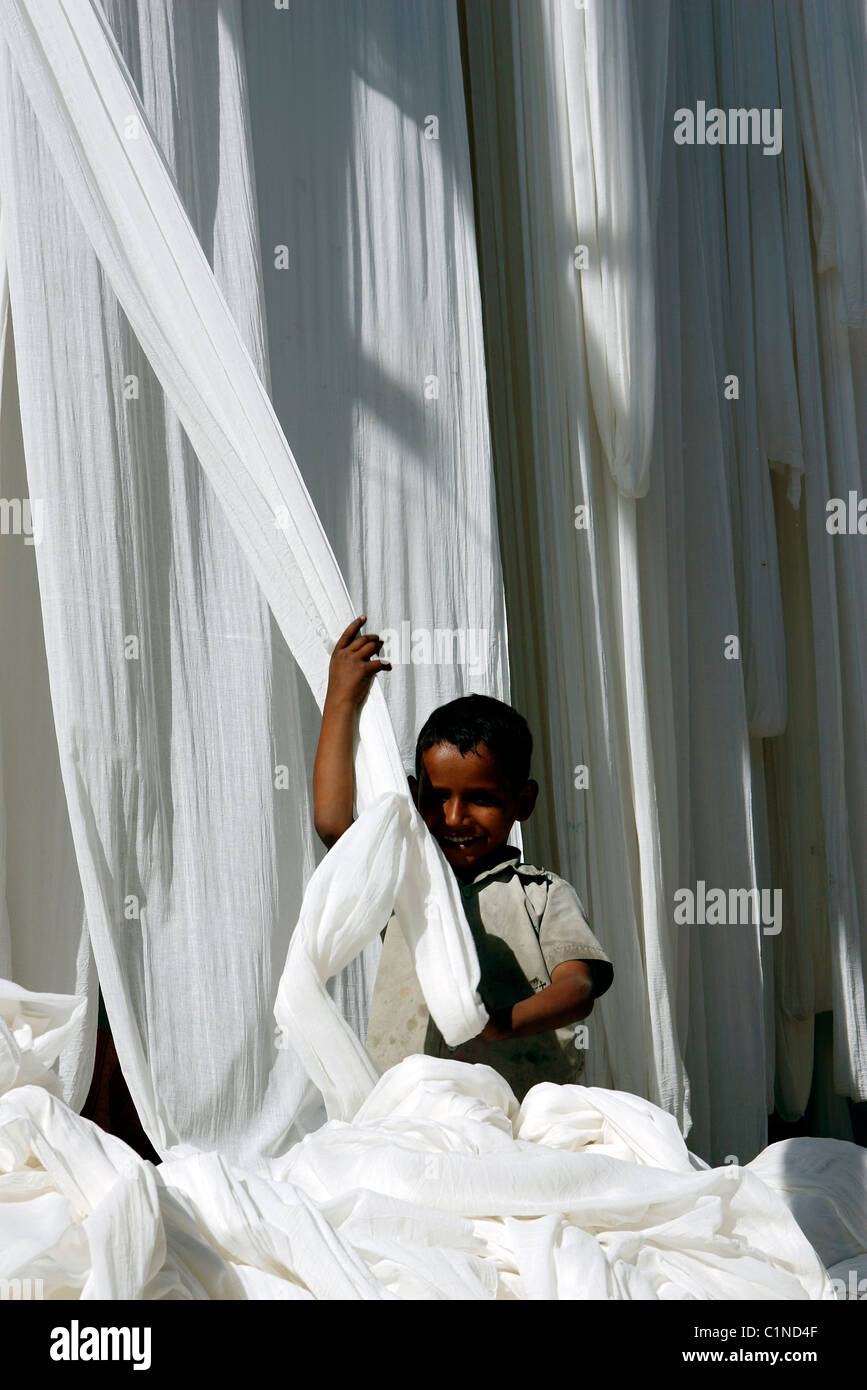 L'Inde, Rajasthan, séchage de bandes de coton pour la fabrication de sari Banque D'Images