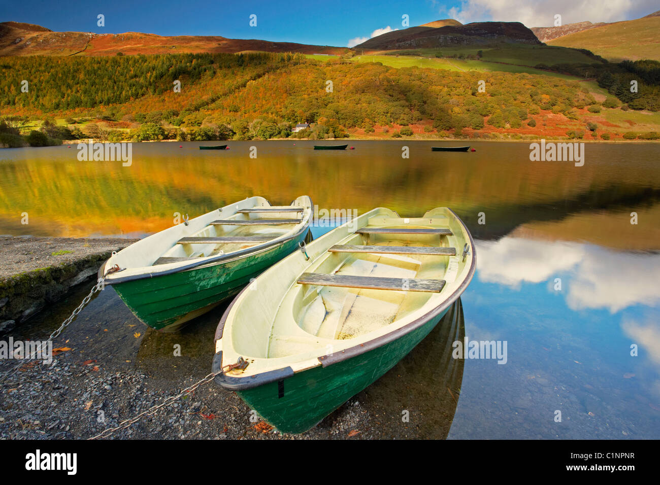 Bateaux de pêche sur Tal y Llyn Lake dans la région de Snowdonia, Pays de Galles UK Banque D'Images
