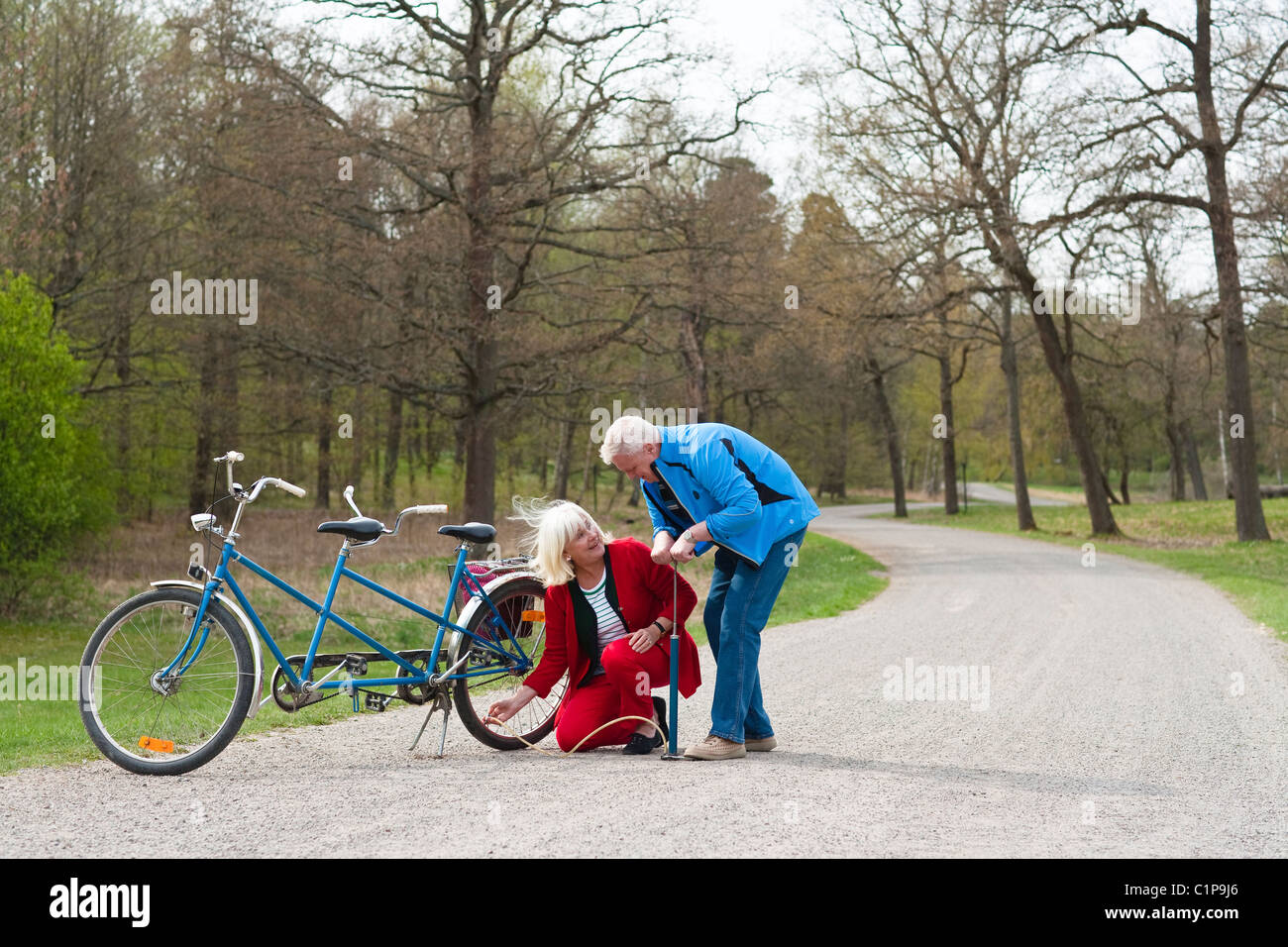 Fixation vélo tandem Senior couple in park Banque D'Images