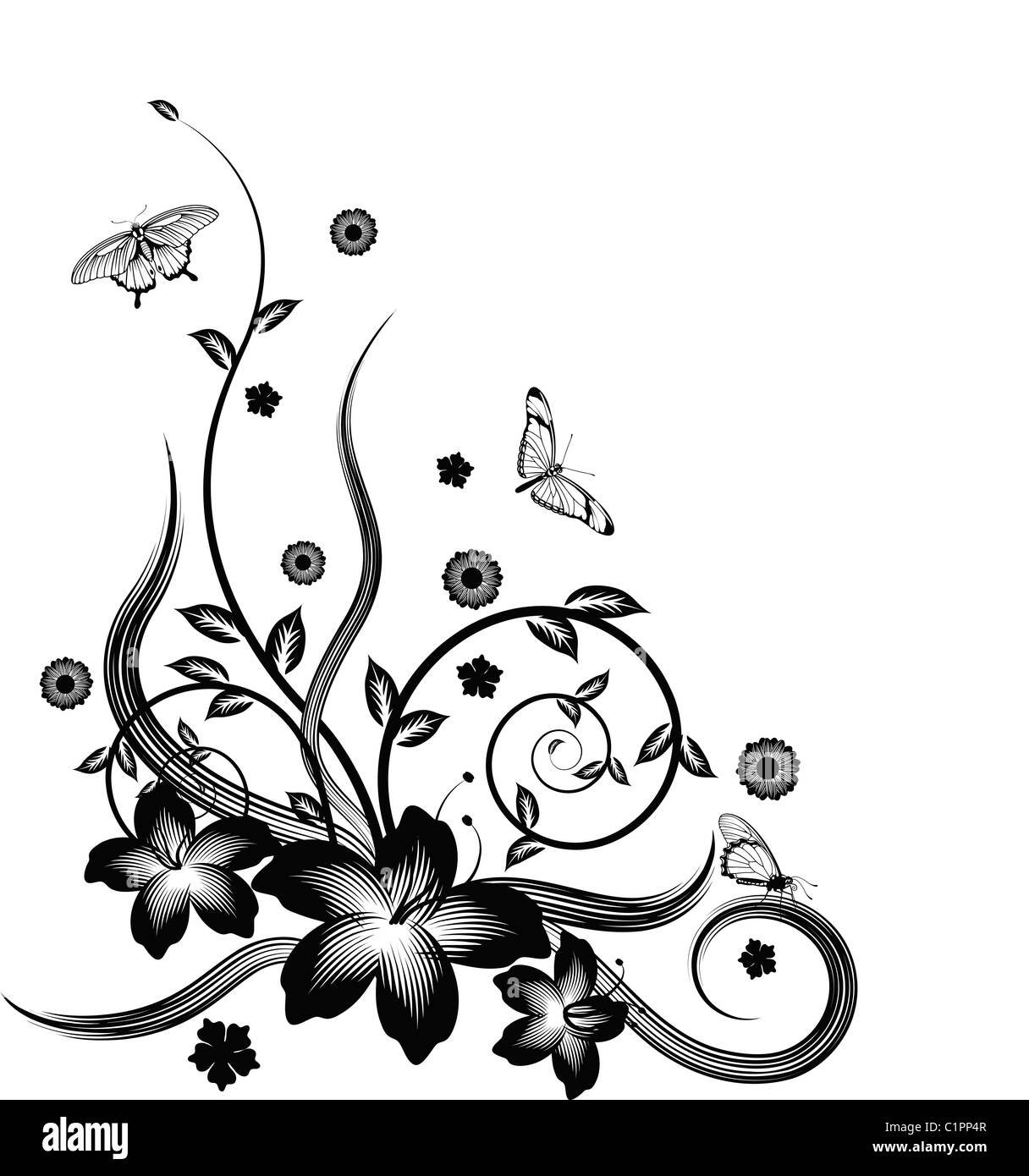 Une magnifique silhouette couleur unique design fleur de coin avec des papillons. Banque D'Images