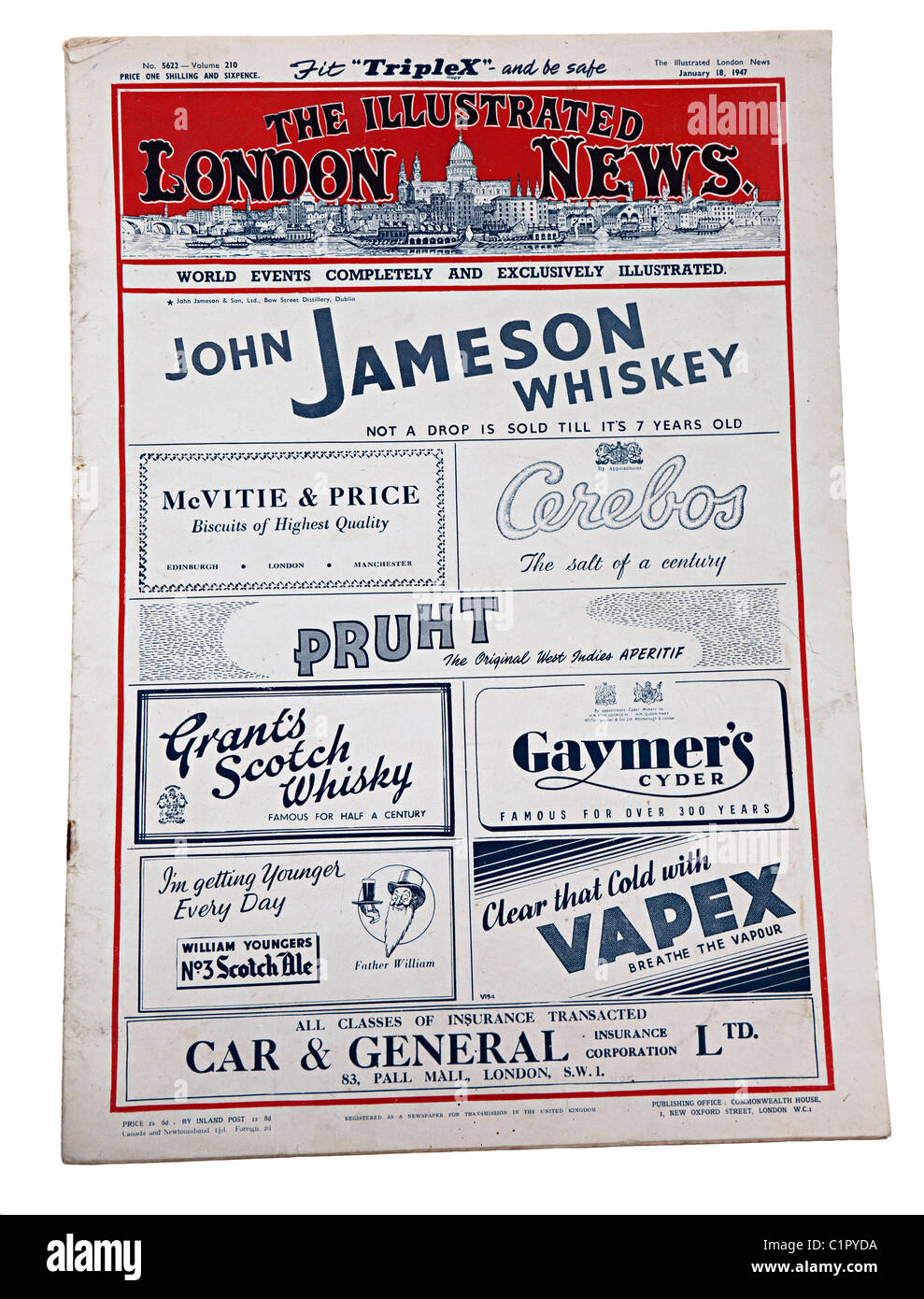 L'Illustrated London News pour le 18 janvier 1947 avec front page de publicité pour des biscuits de whisky sel et Insurance UK Banque D'Images