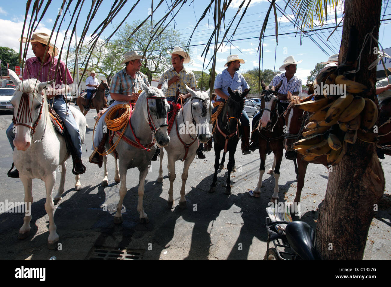 Costa Rica des hommes à cheval de boire de la bière après avoir participé à un défilé de chevaux au cours d'une fête civique au Liberia, Costa Rica Banque D'Images