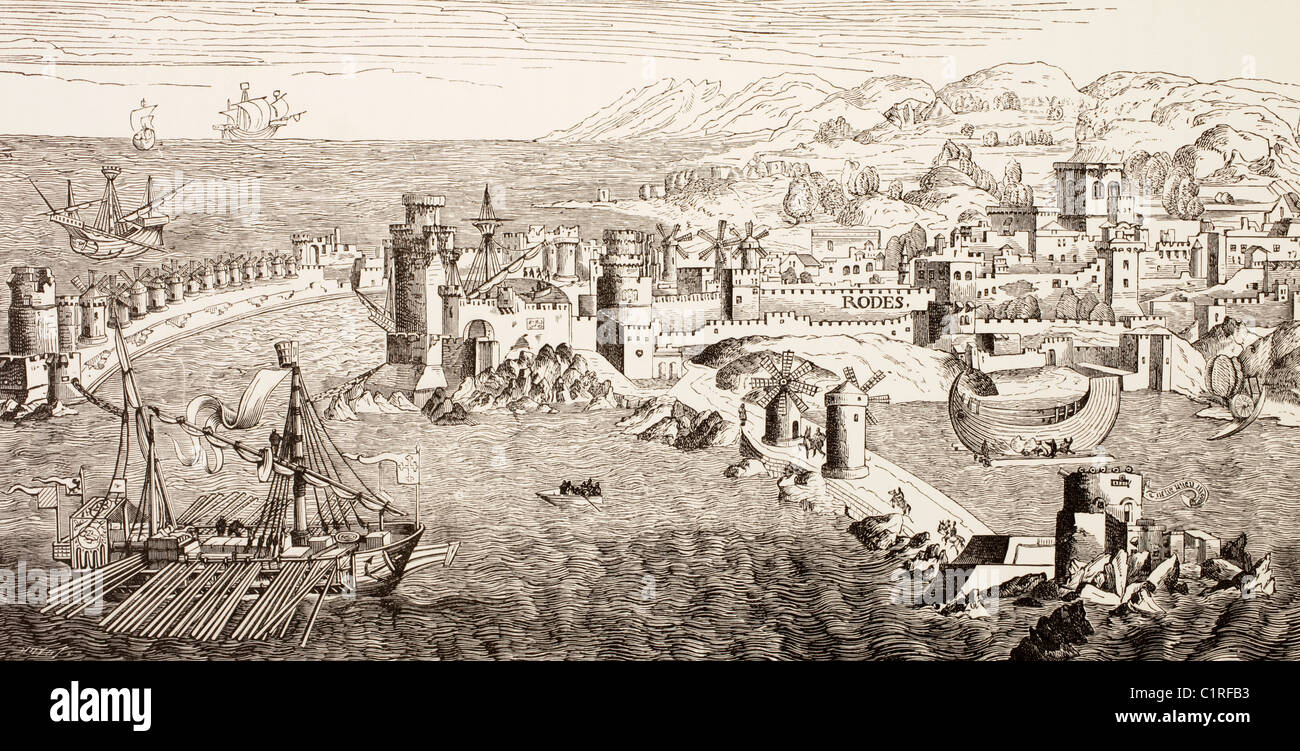 Plan de l'île de Rhodes, Grèce en 15ème siècle. Banque D'Images